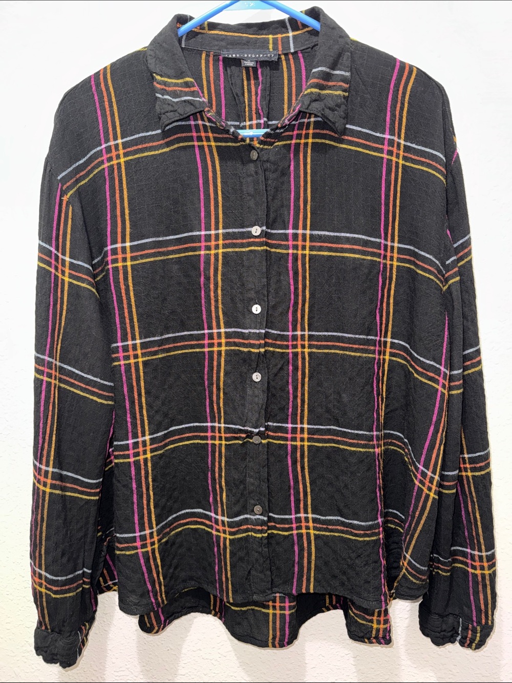 Jane and Delancey Black Plaid Button-Down with Pink & Yellow Stripes